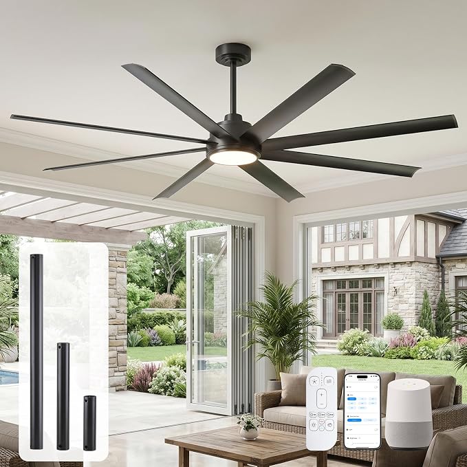 72 Inch Outdoor Ceiling Fan with Light, Modern Black Smart Ceiling Fan with Alexa/App/Remote Control, 8 Anti-Rust Aluminum Blades, High 9799 CFM Quiet DC Motor, Damp Rated for Patio Living Room Garage