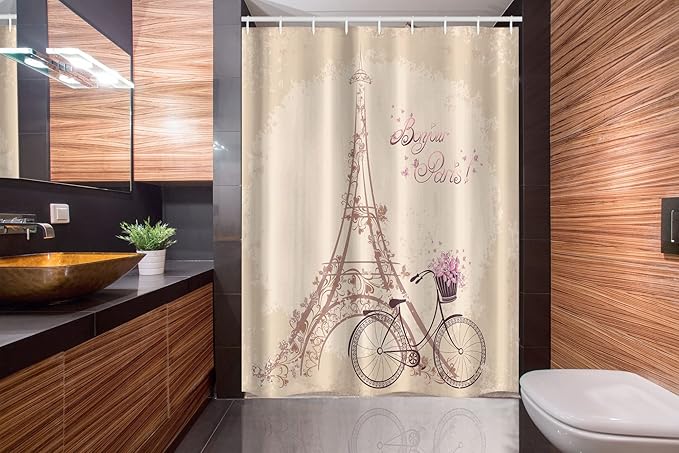 Ambesonne Paris Stall Shower Curtain, Bonjour France Eiffel Tower and Vintage Bicycle Flowers Retro Soft Color Print, Fabric Bathroom Decor Set with Hooks, 54" W x 78" L, Cream Pink