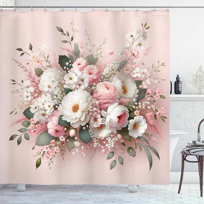 Ambesonne Floral Shower Curtain, Delicate Pink Bouquet of Spring Nature Blossoms Romantic Design Print, Cloth Fabric Bathroom Decor Set with Hooks, 69" W x 70" L, Rose Sage Green and White