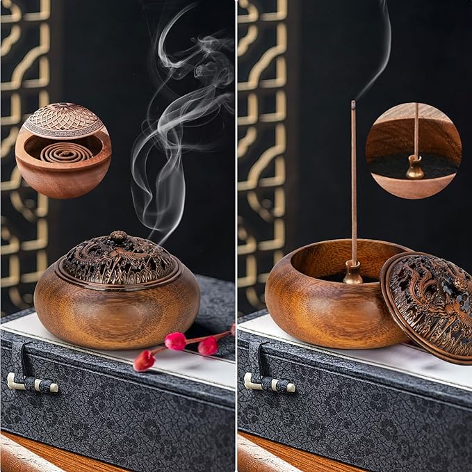 2 Pack Incense Cone Holder, Wooden Incense Burner with Brass Cover, Bakhoor Burners for Sticks Coil, Frankincense Room Home Decor Yoga Spa Meditation (R)