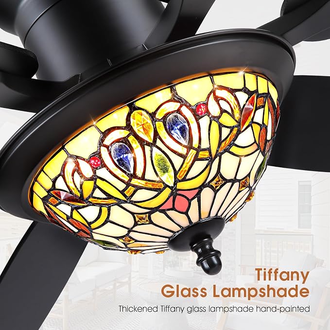 Tiffany Ceiling Fans with Lights - 52" Ceiling Fan Chandelier with Stained Glass Shade, 6 Speeds Reversible 6 Dual-Blades, Flush Mount, 3 CCT Dimmable LED Lights, Remote & APP Control, Vintage Style