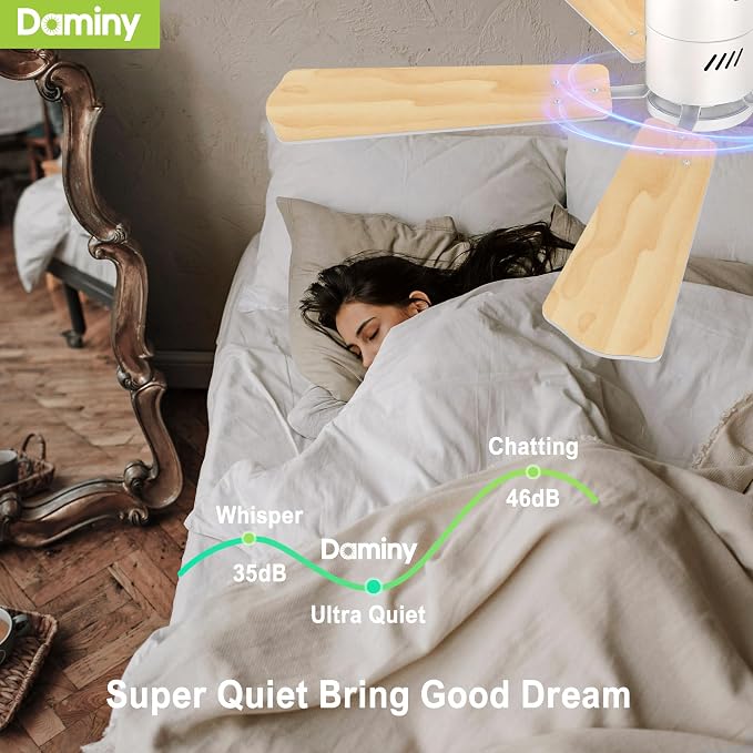 DAMINY 52 inch 5 Blades White Ceiling Fans with Lights,Flush Mount,6CCT, Low Profile Ceiling Fan with Light and Remote Control,DC Motor,Ceiling Fan for Bedroom, Kitchen,Living Room,Indoor/Outdoor Use