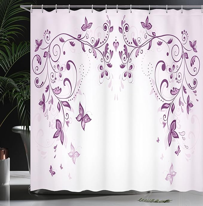 Ambesonne Purple Shower Curtain, Symmetric Victorian Period Inspired Spring Flower with Long Swirls Ceremony Woman, Cloth Fabric Bathroom Decor Set with Hooks, 69" W x 70" L, Violet