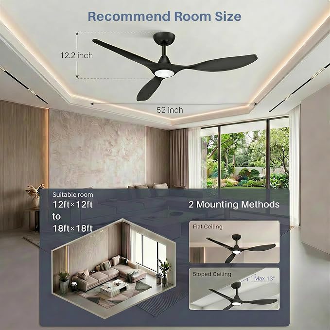 Roomratv Ceiling Fans with Lights, 52 Inch BLack Ceiling Fan, Remote Control,Quiet Reversible DC Motor,Dimmable,6 Speeds,Easy to Install,Modern Ceiling Fans for Bedroom,Living Room,Indoor,Outdoor