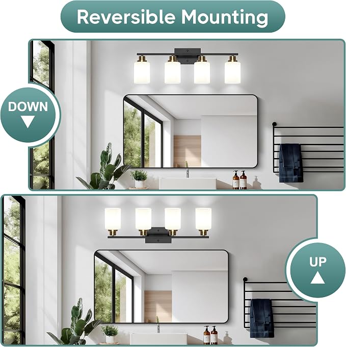 Ascher Bathroom Light Fixtures, 4-Light Vanity Light Over Mirror, Black and Gold Wall Sconces with Milky White Frosted Glass Shades, Wall Lamp for Living Room Bedroom, E26 Base(Bulbs Not Included)