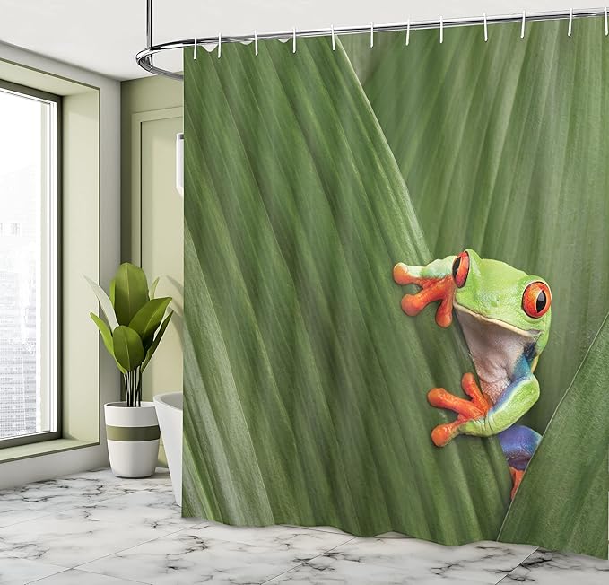Ambesonne Animal Shower Curtain, Red Eyed Tree Frog Hiding in Exotic Macro Leaf in Costa Rica Rainforest Tropical Nature, Cloth Fabric Bathroom Decor Set with Hooks, 69" W x 70" L, Green