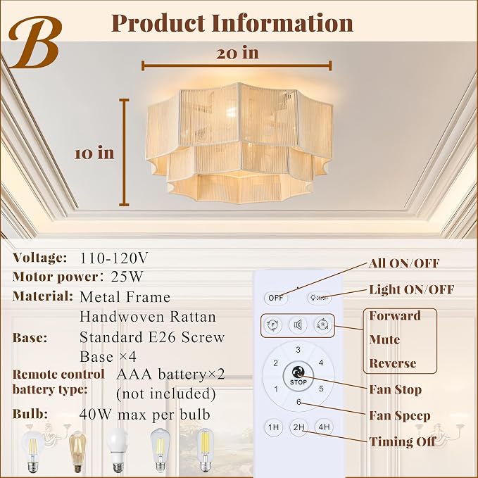 Hand-Woven Bohemian Ceiling Fan with Light, 20" Hexagonal Flush Mount Cotton Fan, Quiet DC Motor with Remote, 6-Speed Reversible Airflow, Transparent Blades for Bedroom Living Room Nursery