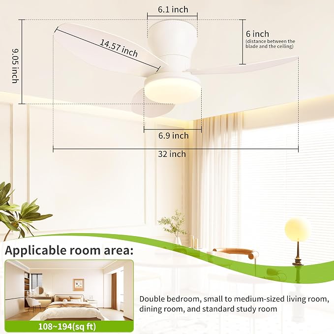 Small 3 Blade Ceiling Fan with Light 32 Inch Flush Mount Fan with Remote | 26W 2600LM 3CCT Low Profile Ceiling Fan Light Fixtures for Garage Closet Kids Room Bedroom Living Room Kitchen Modern White