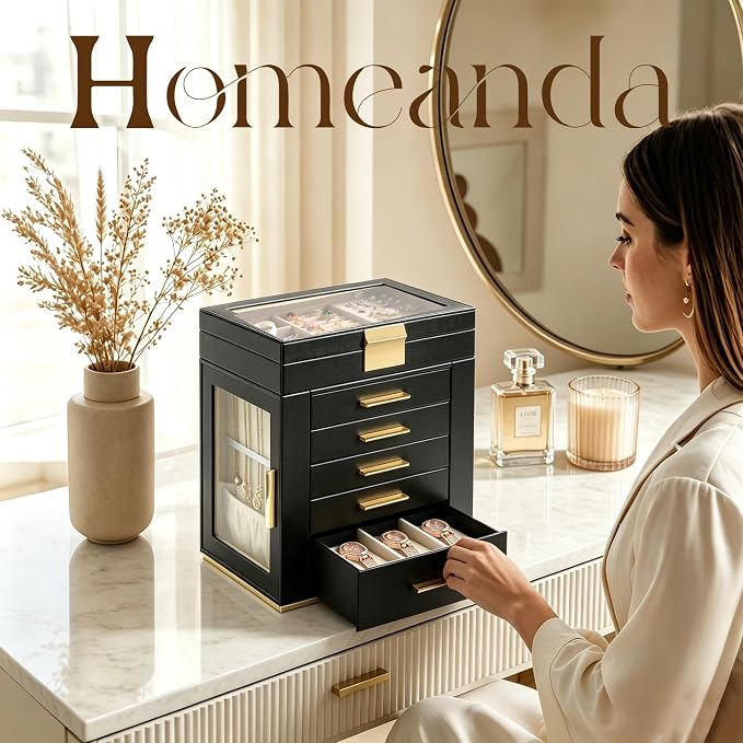 Homeanda 6-Layer Jewelry Boxes for Women, Large PU Leather Storage Organizer with 5 Drawers Glass Lid Case for Rings Necklaces Earrings Bracelets Watches, Gift for Wife and Girls (Black)