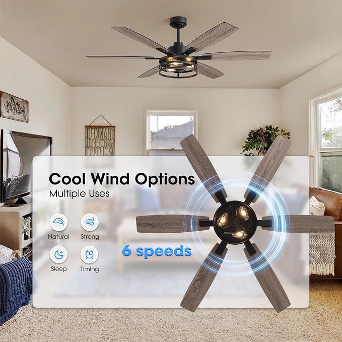 LuminFan 60 Inch Ceiling Fans with Lights and Remote Control, Farmhouse Ceiling Fan for Bedroom Living Room and Patio, Retro Black Caged Ceiling Fan for Indoor and Outdoor