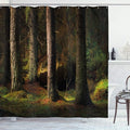 Ambesonne Magic Shower Curtain, Deep Dark in The Enchanted Forest Trees Evening Mystical Theme, Cloth Fabric Bathroom Decor Set with Hooks, 69" W x 84" L, Forest Green