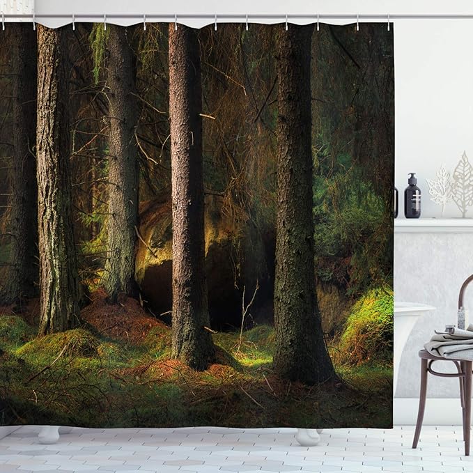 Ambesonne Magic Shower Curtain, Deep Dark in The Enchanted Forest with Trees in Evening Mystical Theme, Cloth Fabric Bathroom Decor Set with Hooks, 69" W x 75" L, Forest Green