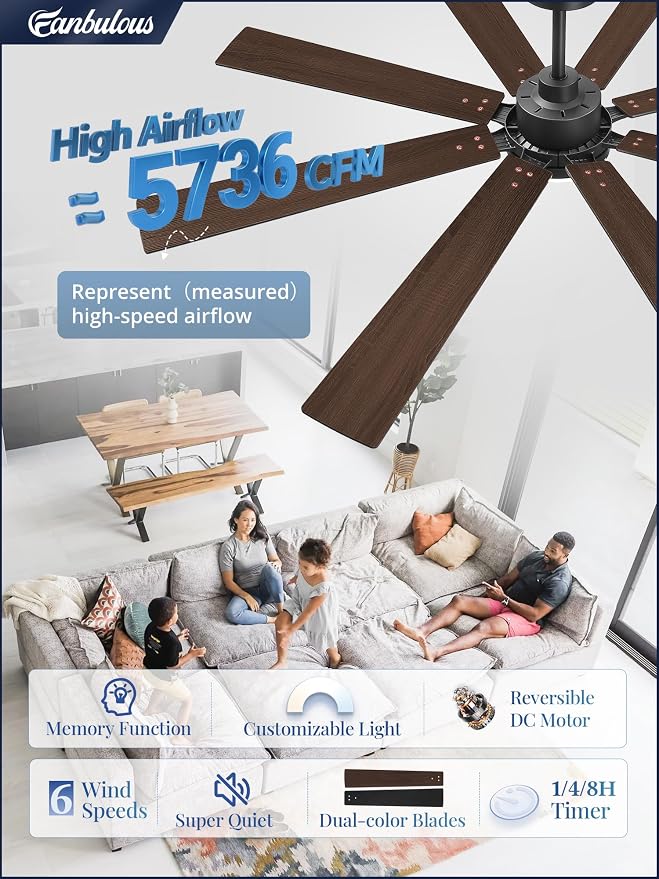 Fanbulous 65 Inch Ceiling Fan with Light and Remote, 6 Speeds Reversible DC Motor Ceiling Fans for Living Room Patio Garage, 3CCT Dimmable LED, 8 Wood Blades, Downrod Mount, Sloped Ceiling Compatible