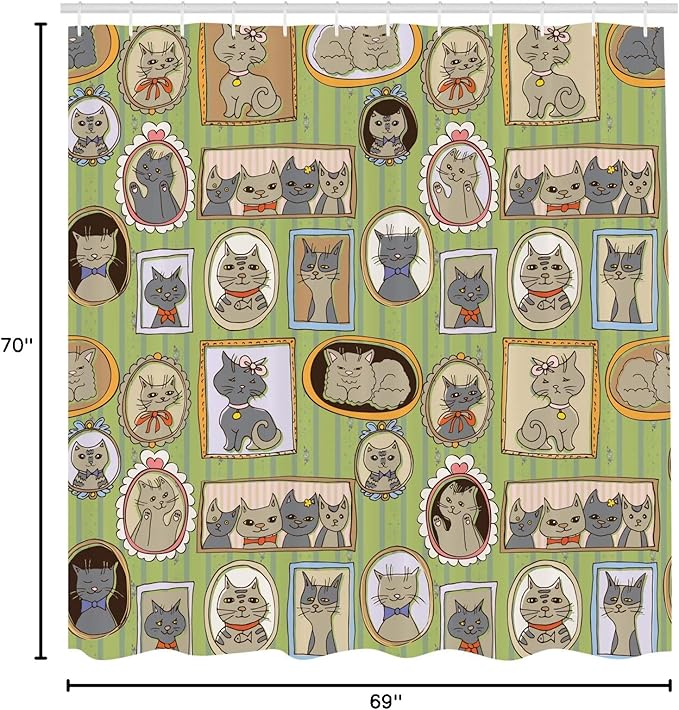 Ambesonne Cat Lover Shower Curtain, Framed Pictures of Cats on The Wall Memories Moments, Cloth Fabric Bathroom Decor Set with Hooks, 69" W x 70" L, Green Amber