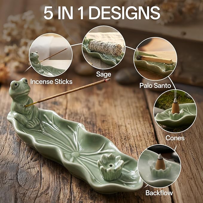 Frog Incense Holder for Sticks, Handmade Ceramic Holder for Burning Sage Sticks, Palo Santo, Cone and Backflow, Incense Burner for Meditation Room Home Decor, Frog Spiritual Gifts for Women