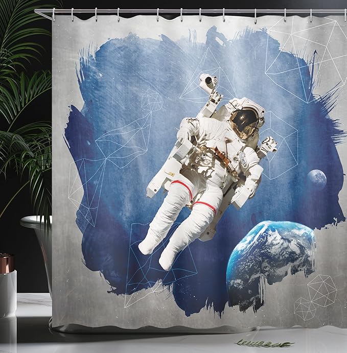 Ambesonne Outer Space Shower Curtain, Astronaut on The Grunge Half Done with Geometric Brushstroke SciFi Modern Art, Cloth Fabric Bathroom Decor Set with Hooks, 69" W x 75" L, Blue Beige