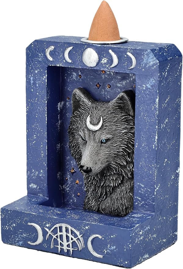 Pacific Giftware 4" Tall Moon Phase Backflow Incense Burner for Spiritual Home Decor, Wolf Figurine