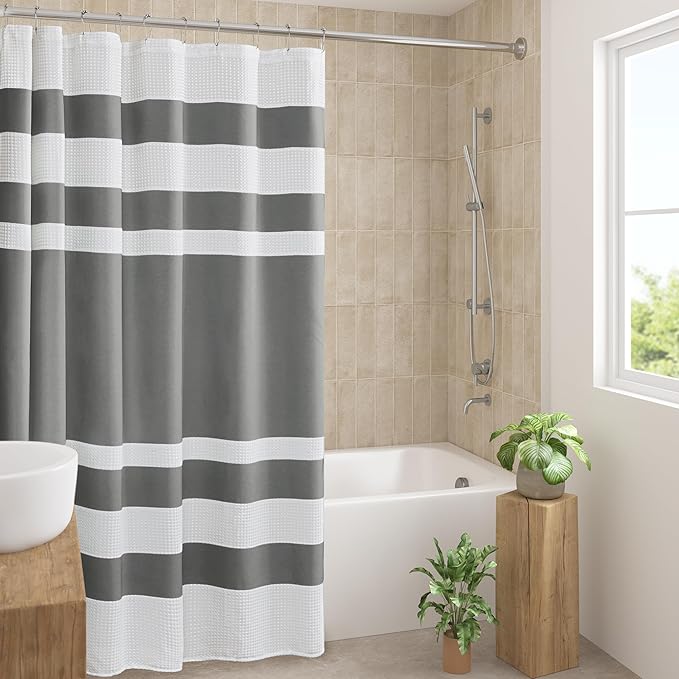 Madison Park Spa Waffle Shower Curtain Pieced Fabric with 3M Scotchgard Moisture Management, Premium Spa Quality Modern Shower Curtains for Bathroom, Standard 72x72, Charcoal