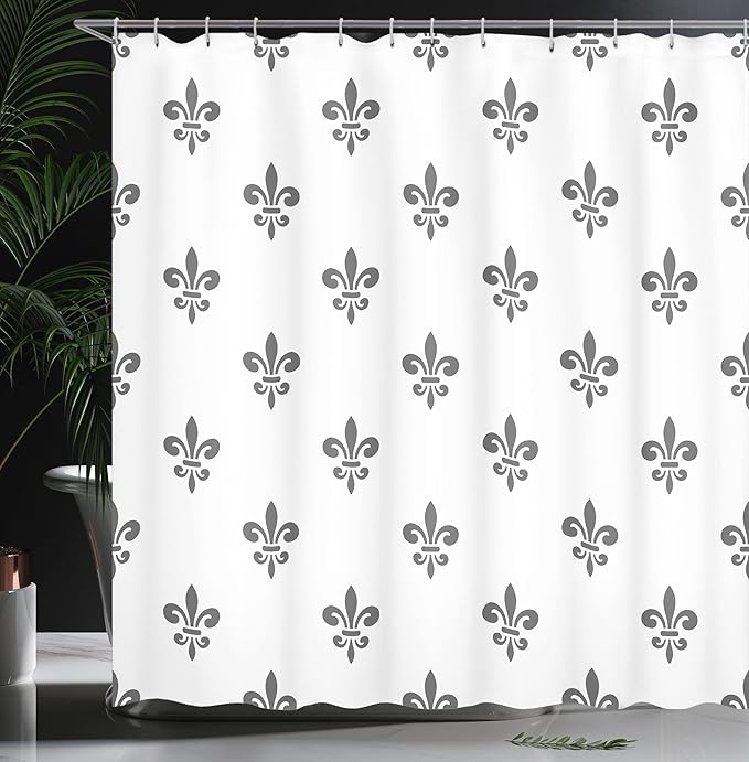 Ambesonne Fleur De Lis Shower Curtain, A Fleur-de-Lis Royal Lily in Simple Old Style Ornate with Antiquity of Abstract Pattern, Cloth Fabric Bathroom Decor Set with Hooks, 69" W x 84" L, Grey White