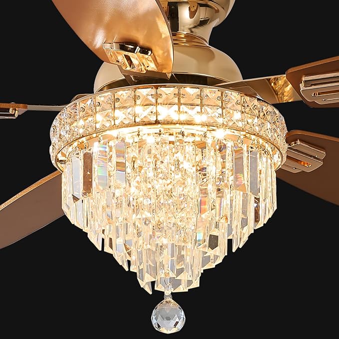 Crystal Ceiling Fan Fandelier with Lights-Ceiling Fans with Lights,50" Low Profile and Remote Control, Flush Mount, Reversible, Dimmable, Noiseless,Ceiling Fan for Bedroom（Gold）