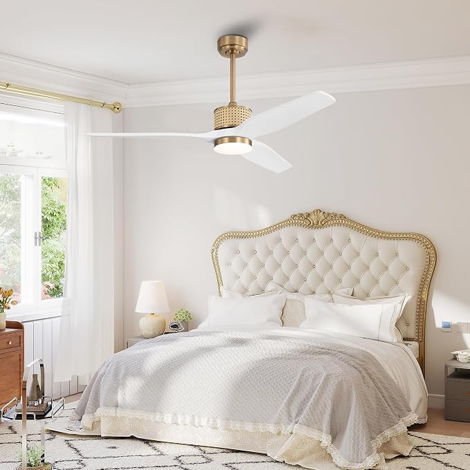 LEDLUX 52" Ceiling Fan with Light – Remote Control, Solid Wood, Quiet Reversible DC Motor, White/Gold Finish, Includes 4.5"/12" Downrods, Noiseless Ceiling Fan for Bedroom, Living Room, Porch
