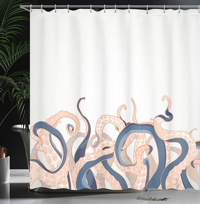 Ambesonne Octopus Shower Curtain, Animal Tentacles Background Underwater Marine Nature and Sea Creatures Nautical, Cloth Fabric Bathroom Decor Set with Hooks, 69" W x 75" L, Azure Blue