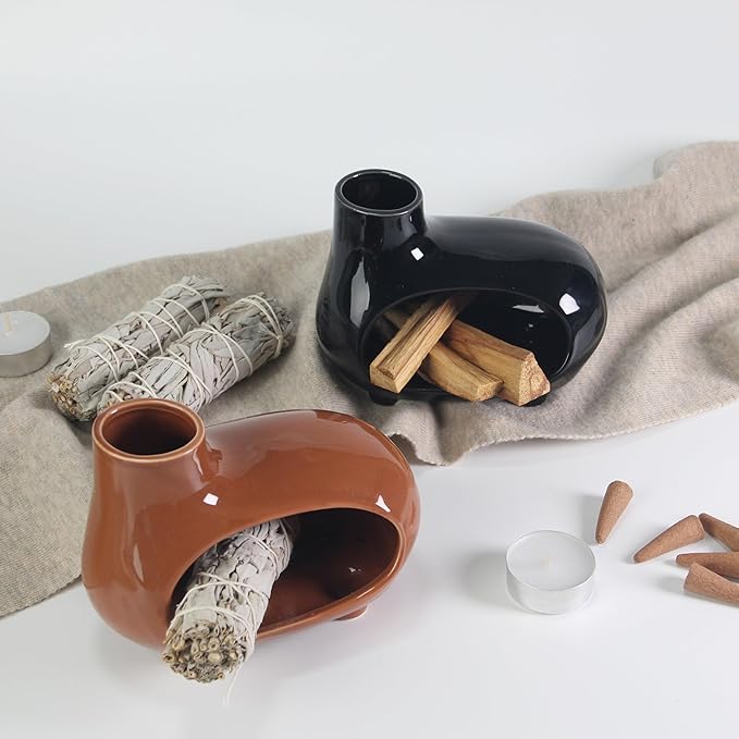 Ceramic Palo Santo Holder Burner with Chimney & Elevated Feet, Mess-Free Design, Ideal for Meditation & Yoga, Holds Palo Santo Sticks, Sage & Cones – Palo Santo Holder Set with Brush & Tweezer (Black)