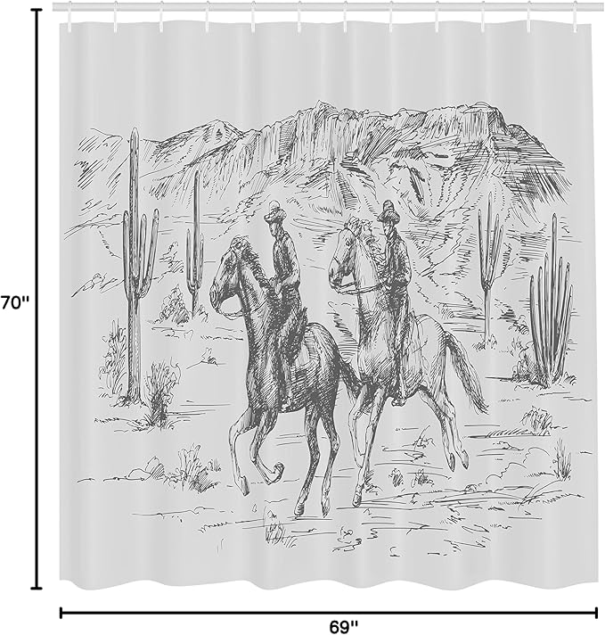 Ambesonne Western Shower Curtain, Country Theme Hand Drawn Illustration of American Wild West Desert with Cowboys, Cloth Fabric Bathroom Decor Set with Hooks, 69" W x 70" L, Light Grey