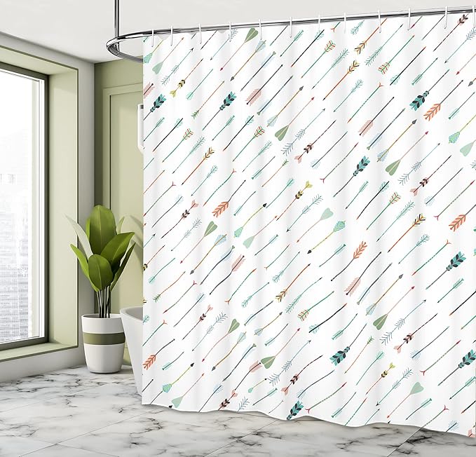 Ambesonne Arrows Shower Curtain, Minimalist Look Desing of Tilted Ornamental Shapes in a Boho Style Artwork Pattern Diagonal, Cloth Fabric Bathroom Decor Set with Hooks, 69" W x 75" L, Coral White
