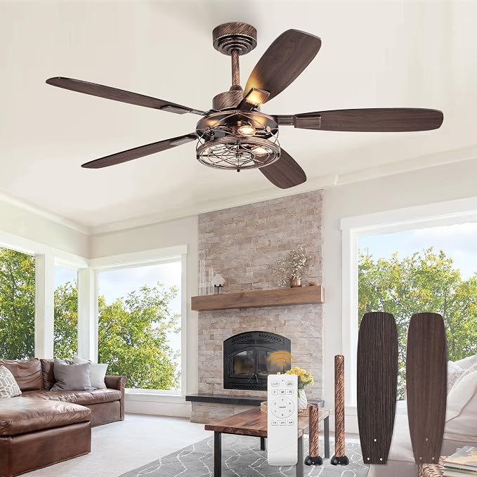 Farmhouse Ceiling Fan with Light and Remote, Industrial Caged Flush Mount Ceiling Fans with 6 Speed Reversible Motor and Dual Finish 5 Blades, for Living room, Bedroom (Black and Gold, 52Inch)