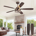 Farmhouse Ceiling Fan with Light and Remote, Industrial Caged Flush Mount Ceiling Fans with 6 Speed Reversible Motor and Dual Finish 5 Blades, for Living room, Bedroom (Black and Gold, 52Inch)