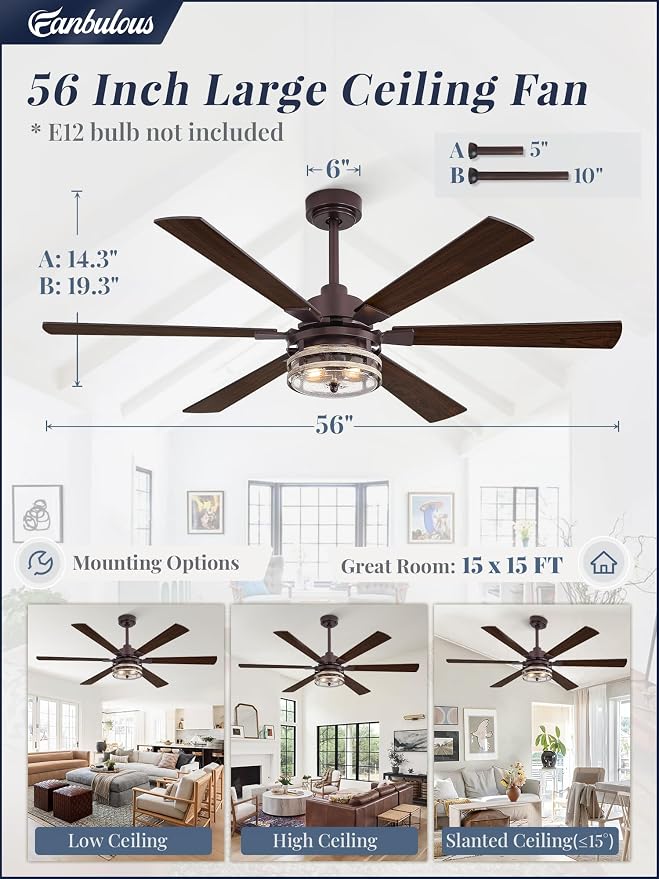 56 Inch Farmhouse Ceiling Fans with Lights and Remote,Industrial Large Ceiling Fan with 6-Speed Reversible DC Motor and 6 Dual Finish Blades,Oil Bronze Ceiling Fan with Light for Living Bedroom Patio