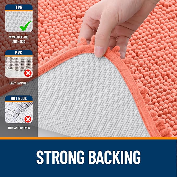 OLANLY Bathroom Rugs 34x21, Extra Soft Absorbent Chenille Bath Rugs, Rubber Backing Quick Dry, Machine Washable Bath Mats for Bathroom Floor, Tub and Shower, Home Decor Accessories, Coral
