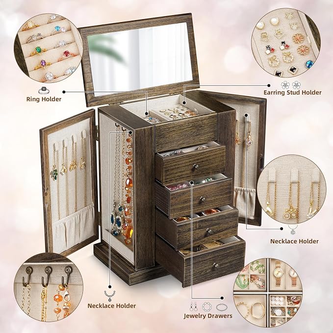 Emfogo Jewelry Box for Women, 5 Layer Large Wood Jewelry Boxes & Organizers for Necklaces Earrings Rings Bracelets, Rustic Jewelry Organizer Box with Rattan, Drawers and Mirror(Vintage)