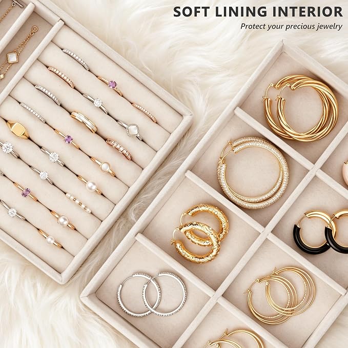Jewelry Organizer for Drawer, Velvet Jewelry Drawer Organizer Inserts, 4-Layer Beige Stackable Jewelry Trays for Rings Earrings Necklaces Bracelets with Removable Dividers for Dresser Vanity