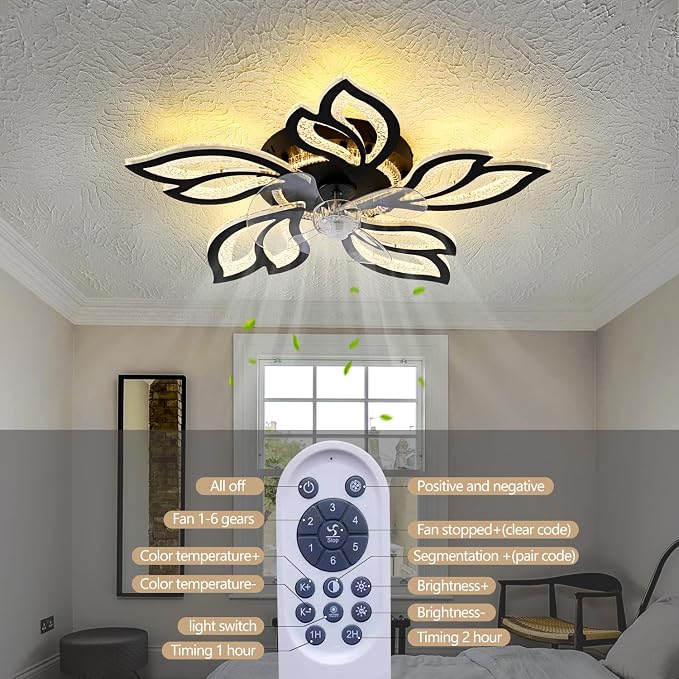 25" Black Geometric Ceiling Fan with Lights and Remote Control, 3 Light Color 6 Speeds Flush Mount Low Profile Ceiling Fan for Bedroom Kitchen