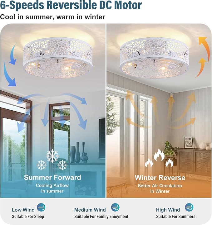 COCOSTAR Farmhouse Ceiling Fan with Light and Remote White Caged Fandelier | Smart Remote/APP,Low Profile,6 Speed,20in Small Flush Ceiling Light Fixture with Fan for Living Dining Kitchen Girls Bedroom