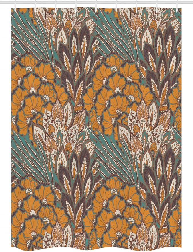 Ambesonne Floral Stall Shower Curtain, Pattern of Flowers and Peacock Feathers Floral Arrangement Art, Fabric Bathroom Decor Set with Hooks, 54" W x 78" L, Petrol Blue Pale Coffee