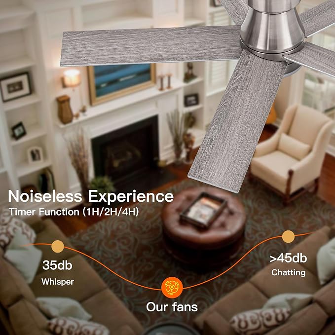 Ceiling Fans with Lights and Remote Control, Brushed Nickel Flush Mount Ceiling Fan with Light 3-Color Dimmable, Memory for Lighting and Fan Reversible, 6-Speed, Timer, Indoor/Outdoor Use, 47 Inch