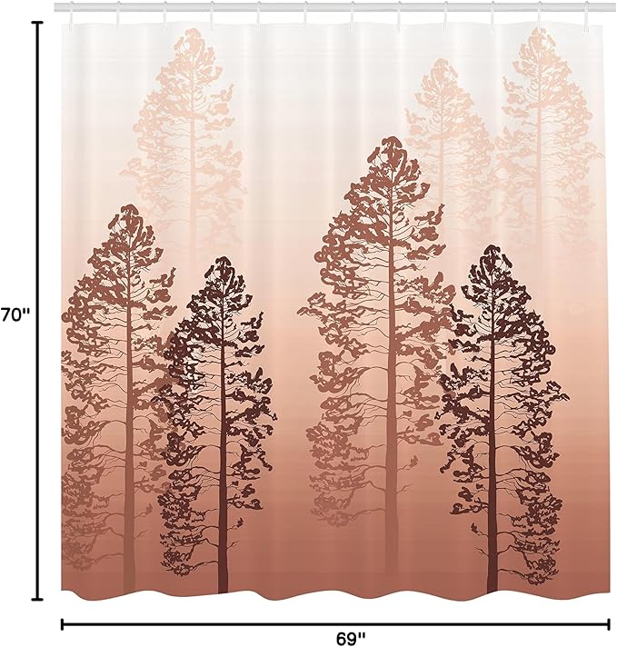 Ambesonne Country Shower Curtain, Pine Trees in The Forest on Foggy Seem Ombre Backdrop Wildlife Adventure Artwork, Cloth Fabric Bathroom Decor Set with Hooks, 69" W x 70" L, Dark Salmon