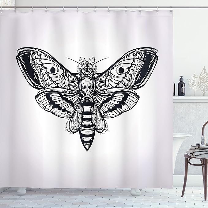 Ambesonne Skull Shower Curtain, Dead Moth with Skull Face in Gothic Grunge Style Dark Butterfly Inner Self Journey, Cloth Fabric Bathroom Decor Set with Hooks, 69" W x 70" L, White Black