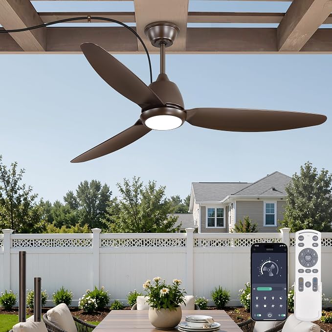 Fanbulous 52" Outdoor Ceiling Fan with Light, IP65 Waterproof Wet Rated, Plug in Gazebo Fan with 10FT Cord, Smart APP & Remote, 6-Speed Reversible DC Motor, 3CCT Dimmable LED for Patio Porch(Bronze)