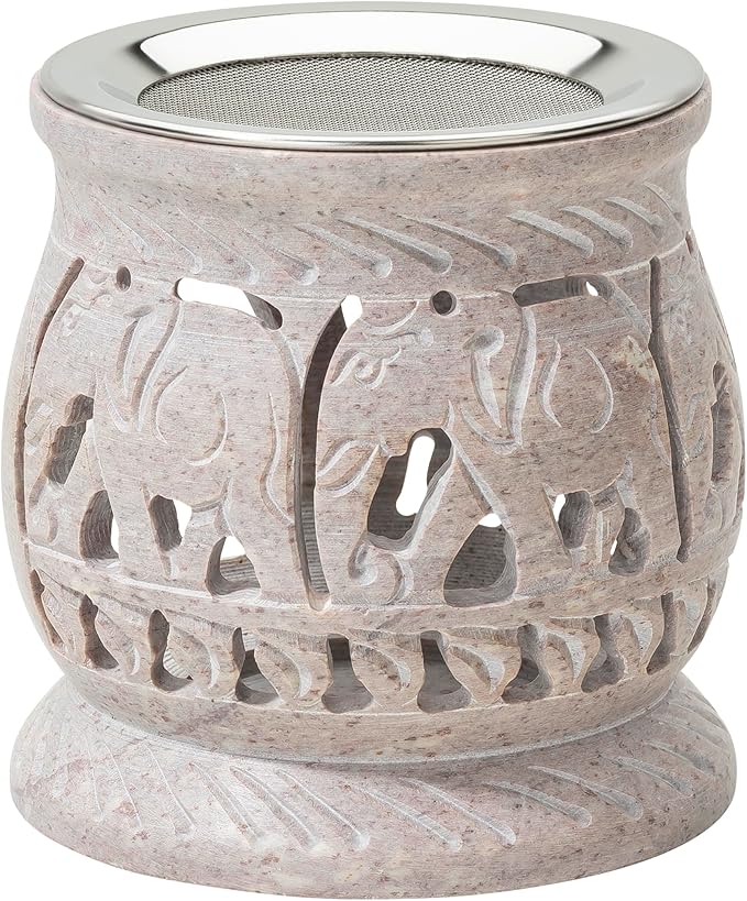 Soapstone Incense Burner with Strainer | 3.34 Inch Height & 3.15 Inch Diameter | Handmade Natural Stone Incense Holder for Gentle Aromatherapy with Tea Light | Decorative Meditation Accessory