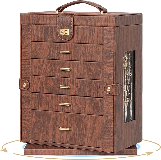 AKOZLIN 6-Tier Jewelry Box Organizer Functional 5 Drawers Leather Jewelry Storage Case for Women Girls Ring Necklace Earring Bracelet Holder Organizer with Mirror XL Red 360° Rotating