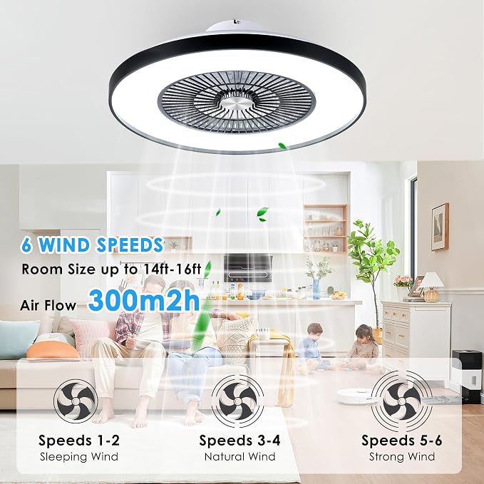 24" Bladeless Ceiling Fans with Lights and Remote/APP Control, Low Profile Ceiling Fan with 3-Dimmable Lights, Enclosed Flush Mount Ceiling Fan for Kid's Bedroom/Living Room