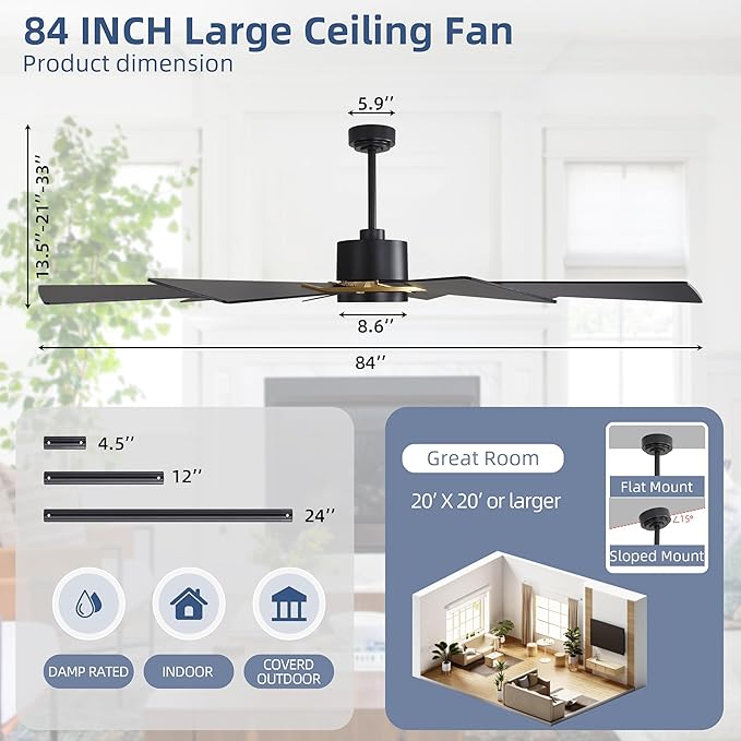 WINGBO 84" Windmill Ceiling Fan with Lights, 3 Downrod, 6-Speed Reversible DC Motor, 3CCT, 10 Blade Indoor Farmhouse DC Ceiling Fans for Kitchen Bedroom Living Room Patio, Aged Brass and Black