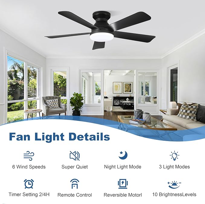Hywyimlait Black 42Inch Ceiling Fan Light with Remote Control, Flush Mount Installation, Reversible Rotation, 3 Color Temperatures, 2/4H Timer, Suitable for Bedrooms, Living Rooms, Indoor/Outdoor Use
