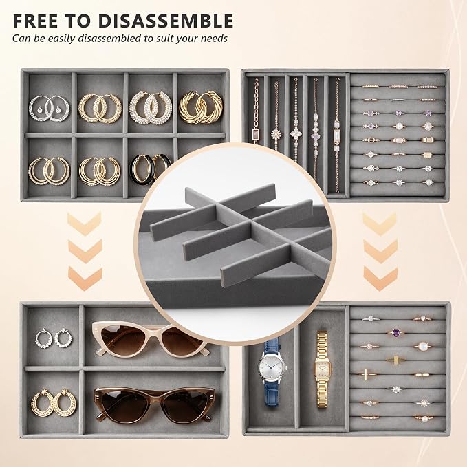 Jewelry Organizer for Drawer, Velvet Jewelry Drawer Organizer Inserts, 4-Layer Grey Stackable Jewelry Trays for Rings Earrings Necklaces Bracelets with Removable Dividers for Dresser Vanity