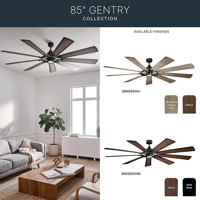 Kichler Gentry XL 85" Ceiling Fan with Lights, 1-Light LED, 3000K, 9-Blade Modern Rustic Fan for Bedroom in Anvil Iron, (85" W x 16.5" H), 300285AVI