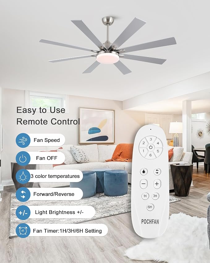 POCHFAN 62 Inch Ceiling Fans with Lights,Large Modern Ceiling fan with Remote and 8 Wooden Blades,Dimmable,6 Speeds,Noiseless Reversible Indoor&Outdoor Fan for Bedroom,Patio,Living Room